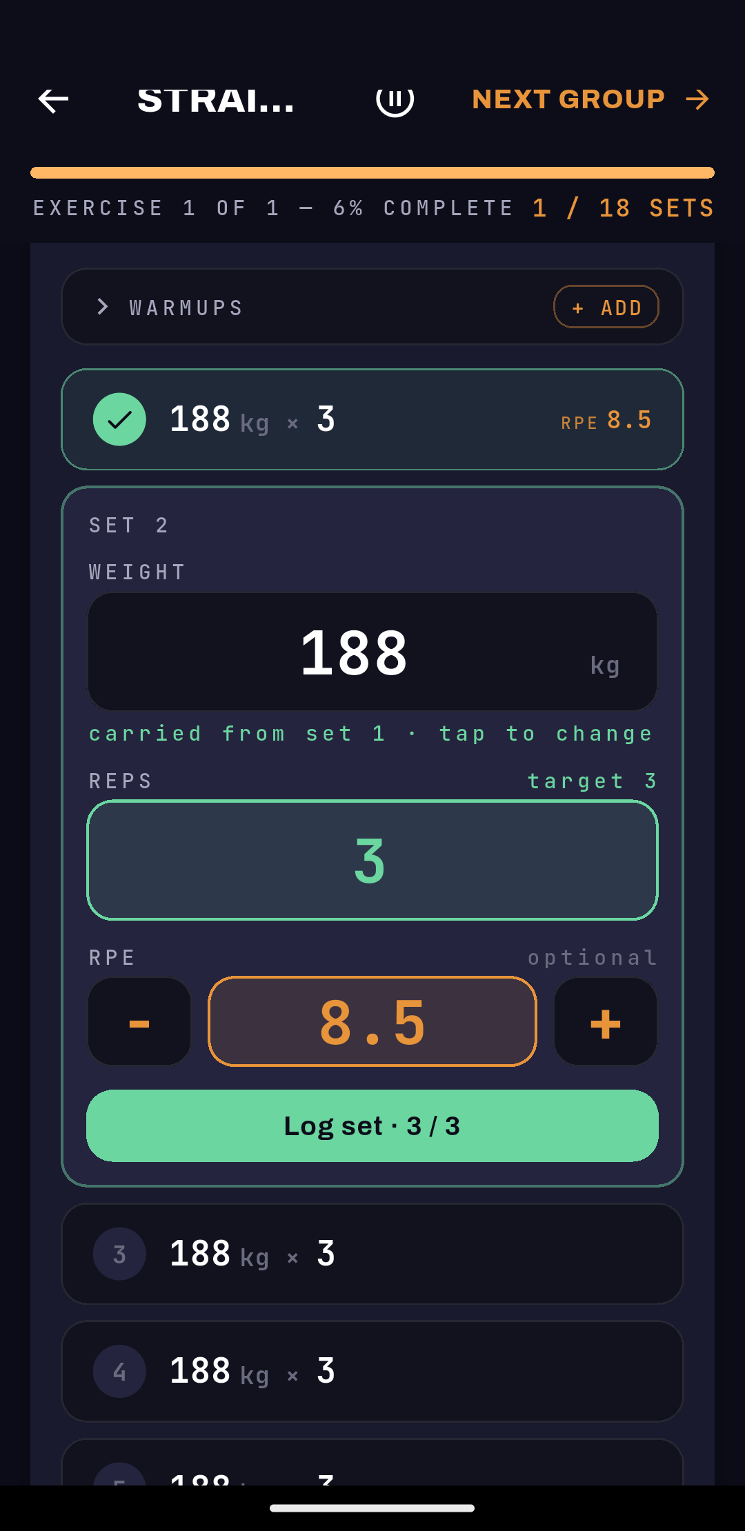 Active session set logging in the athlete app